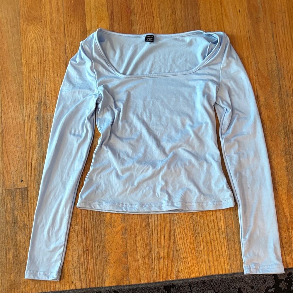 SHEIN long sleeve blue top, fairly worn. Has two small stains